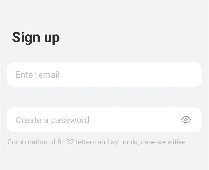 Obrazovka registrácie s poliami pre e-mail a heslo