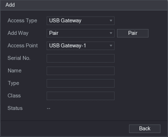 Add dialog with USB Gateway access type and empty sensor fields