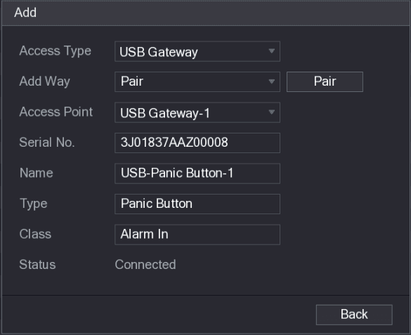 Add dialog showing a paired USB panic button with serial number and Connected status