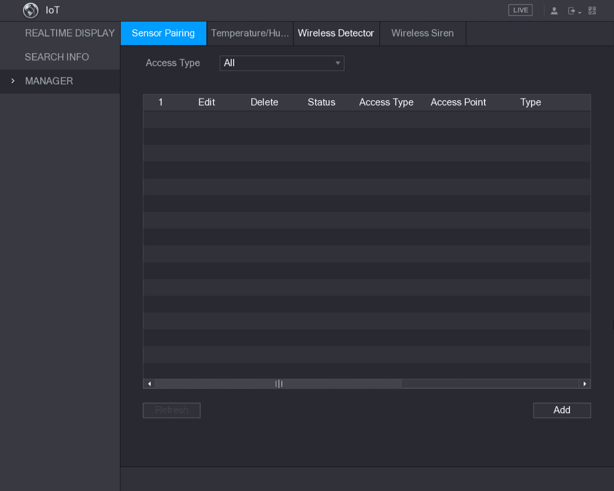 IoT Sensor Pairing interface with empty sensor table