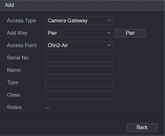 Add dialog with Camera Gateway access type and empty sensor fields
