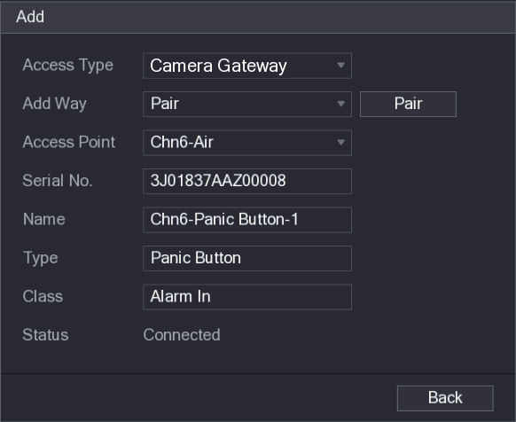 Add dialog showing a paired camera gateway panic button with Connected status