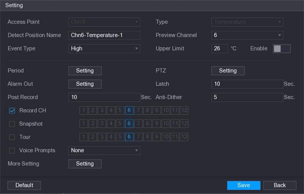 Setting interface for temperature alarm linkage with event type, upper limit, and linkage options
