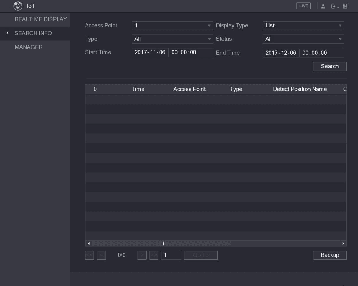 SEARCH INFO interface with access point, display type, type, status, and time range filters