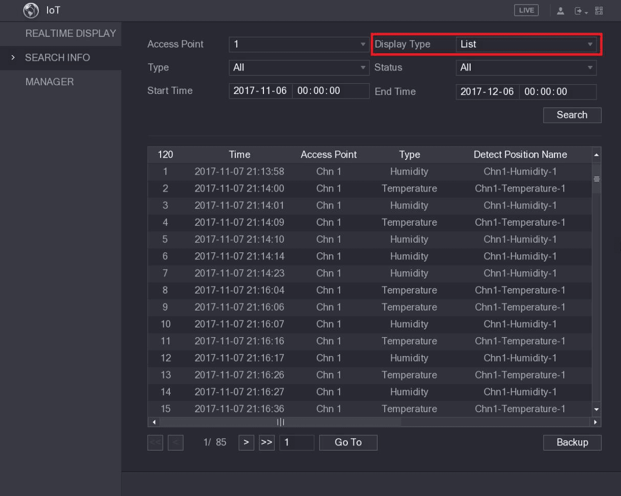 SEARCH INFO results displayed as a list of temperature and humidity records