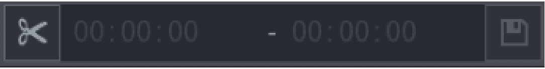 Video clip interface with a scissors icon, start and end time fields, and a save icon