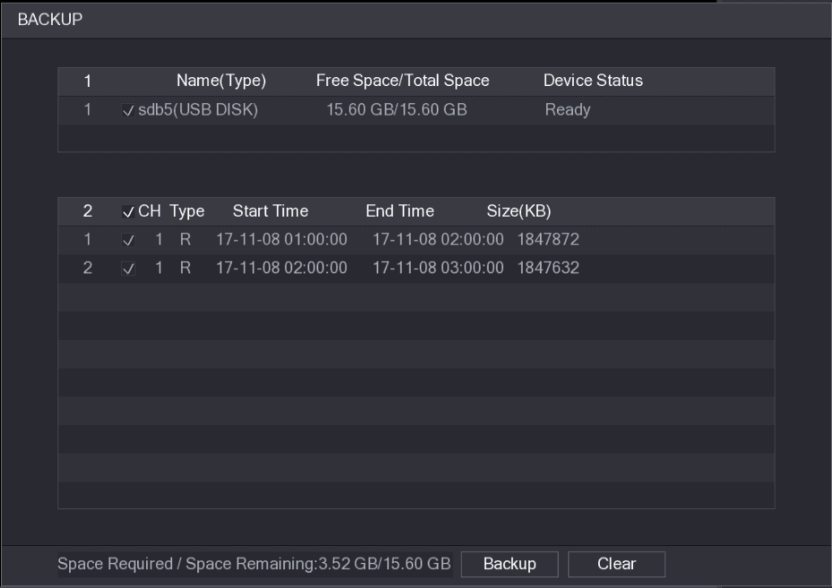 BACKUP dialog box listing the USB DISK device and the channel, type, start time, end time, and size of the files to back up