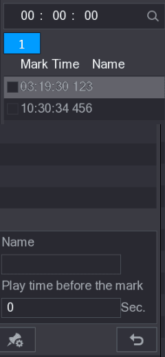 Mark List interface showing marked recordings by mark time and name, with Name and Play time before the mark fields