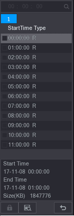File List interface listing recorded files by start time and type, with the selected file's start time, end time, and size shown below