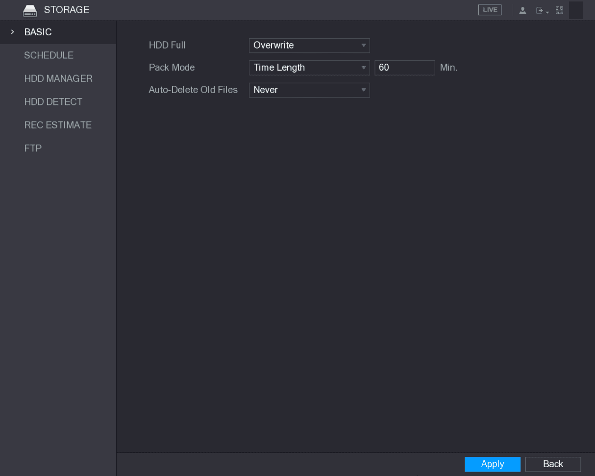 STORAGE BASIC interface showing HDD Full, Pack Mode, and Auto-Delete Old Files settings
