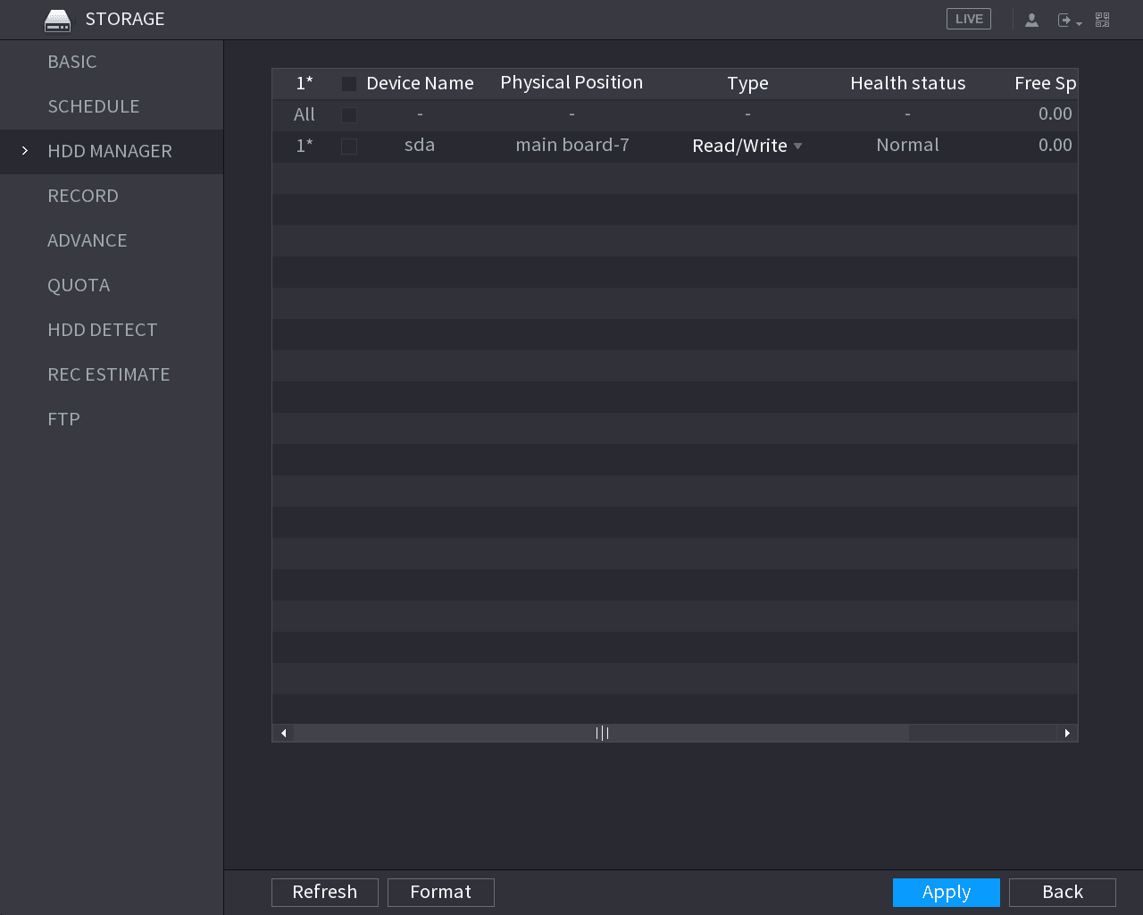 STORAGE HDD MANAGER interface listing device name, physical position, type, and health status