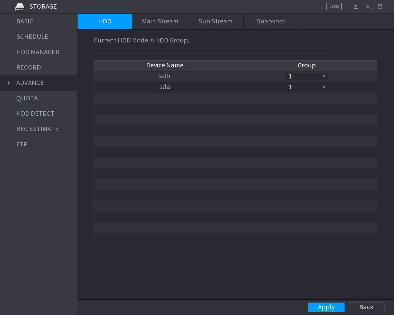 STORAGE ADVANCE HDD tab showing device names and HDD group assignment