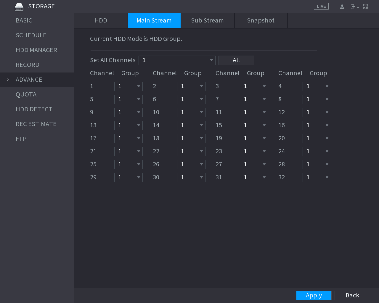 ADVANCE Main Stream tab mapping each channel to an HDD group