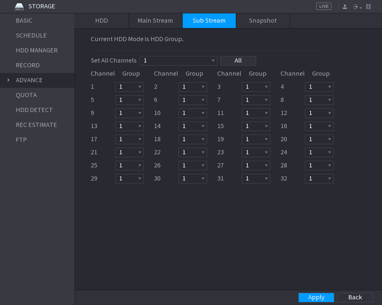 ADVANCE Sub Stream tab mapping each channel to an HDD group