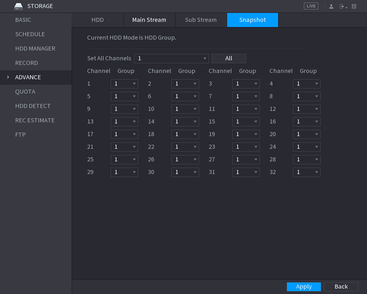 ADVANCE Snapshot tab mapping each channel to an HDD group