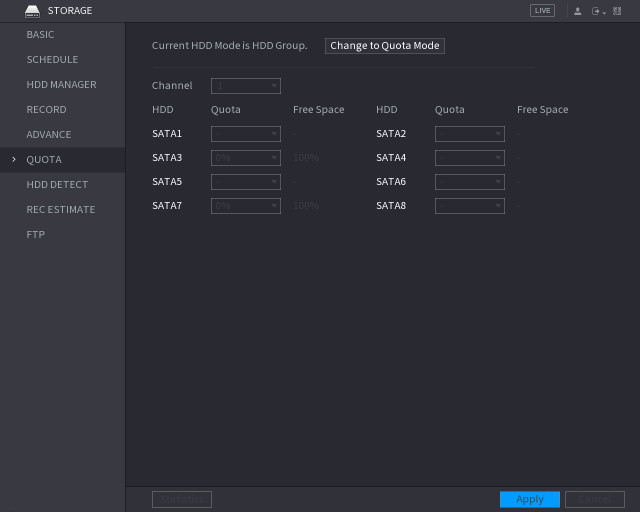STORAGE QUOTA interface with per-SATA quota and free space columns