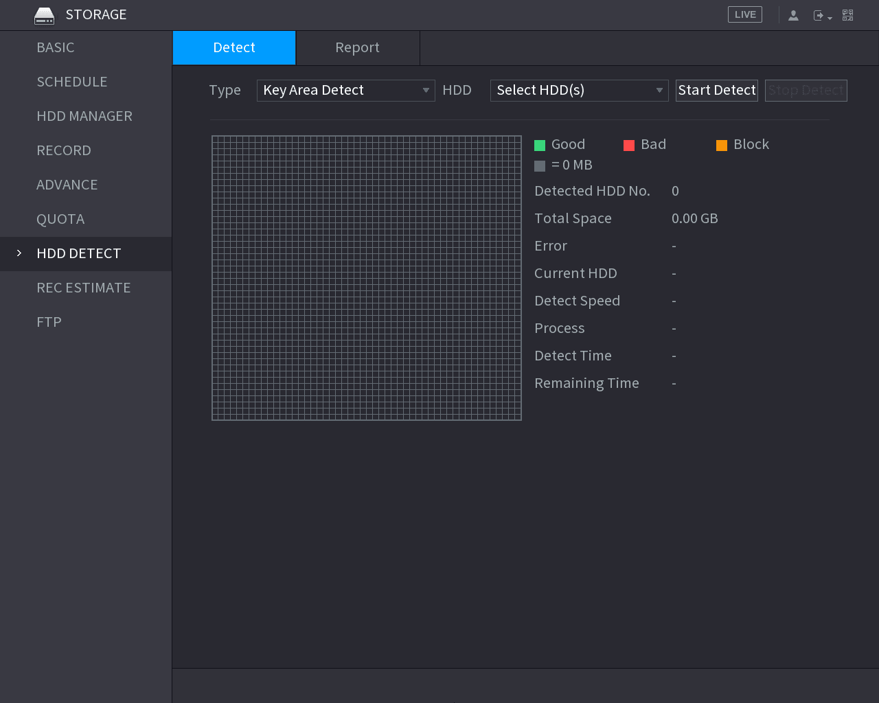 HDD DETECT Detect tab with type, HDD selection, and detection map