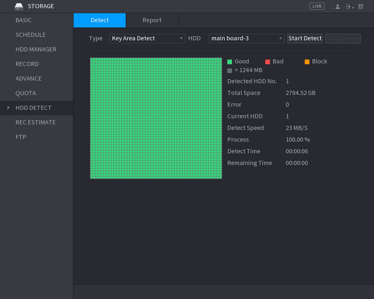 HDD DETECT Detect tab showing a completed key area detection at 100%