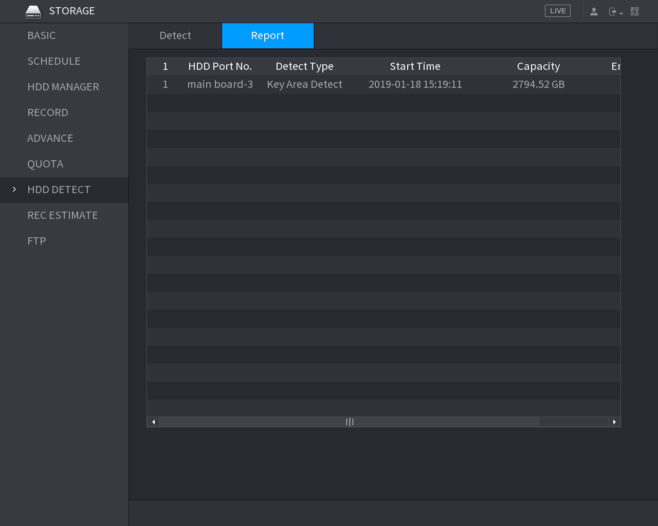 HDD DETECT Report tab listing detection records by HDD port and type