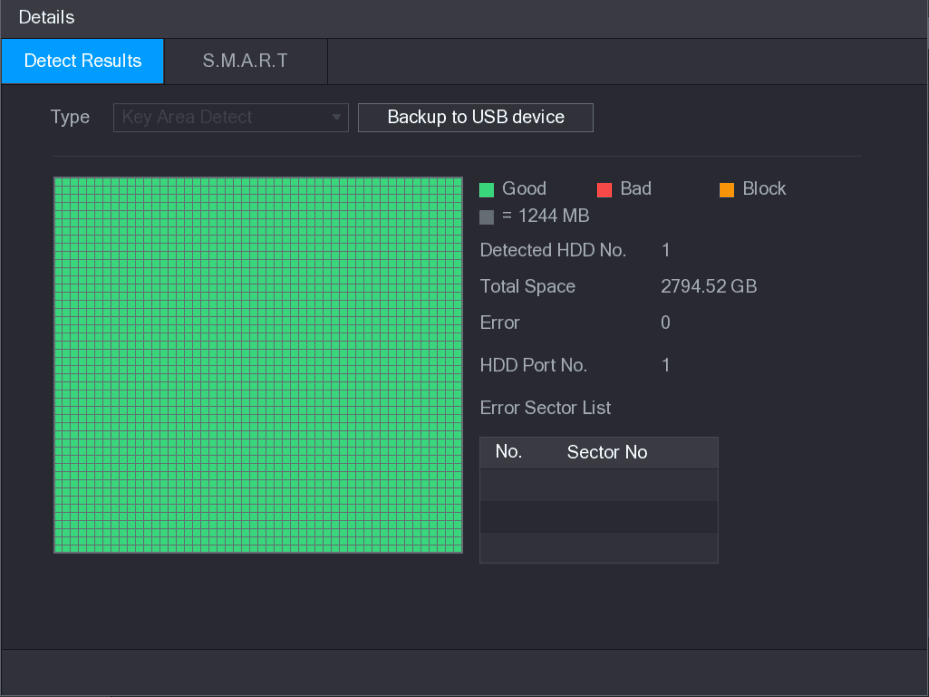 Details Detect Results tab with detection map and error sector list