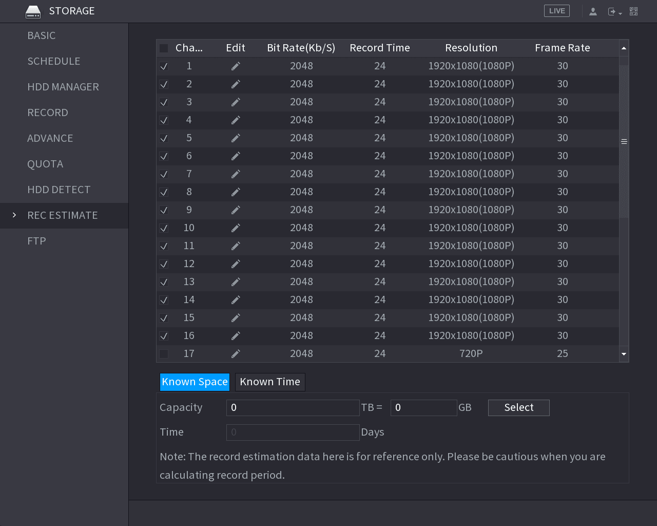 STORAGE REC ESTIMATE interface listing channels with bit rate, record time, resolution, and frame rate
