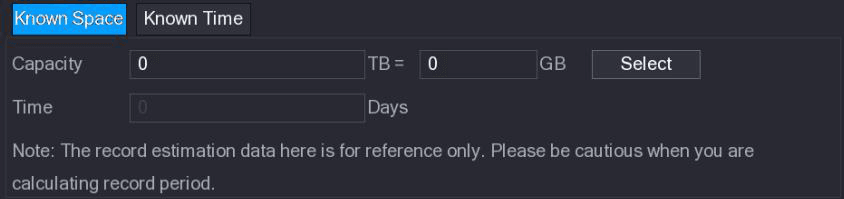 REC ESTIMATE Known Space tab with capacity, time, and Select button