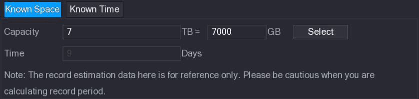Known Space tab showing 7 TB capacity yielding 9 days of recording time