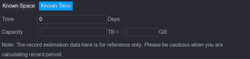 REC ESTIMATE Known Time tab with time and capacity fields