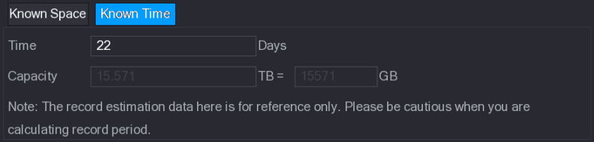 Known Time tab showing 22 days requiring 15.571 TB capacity