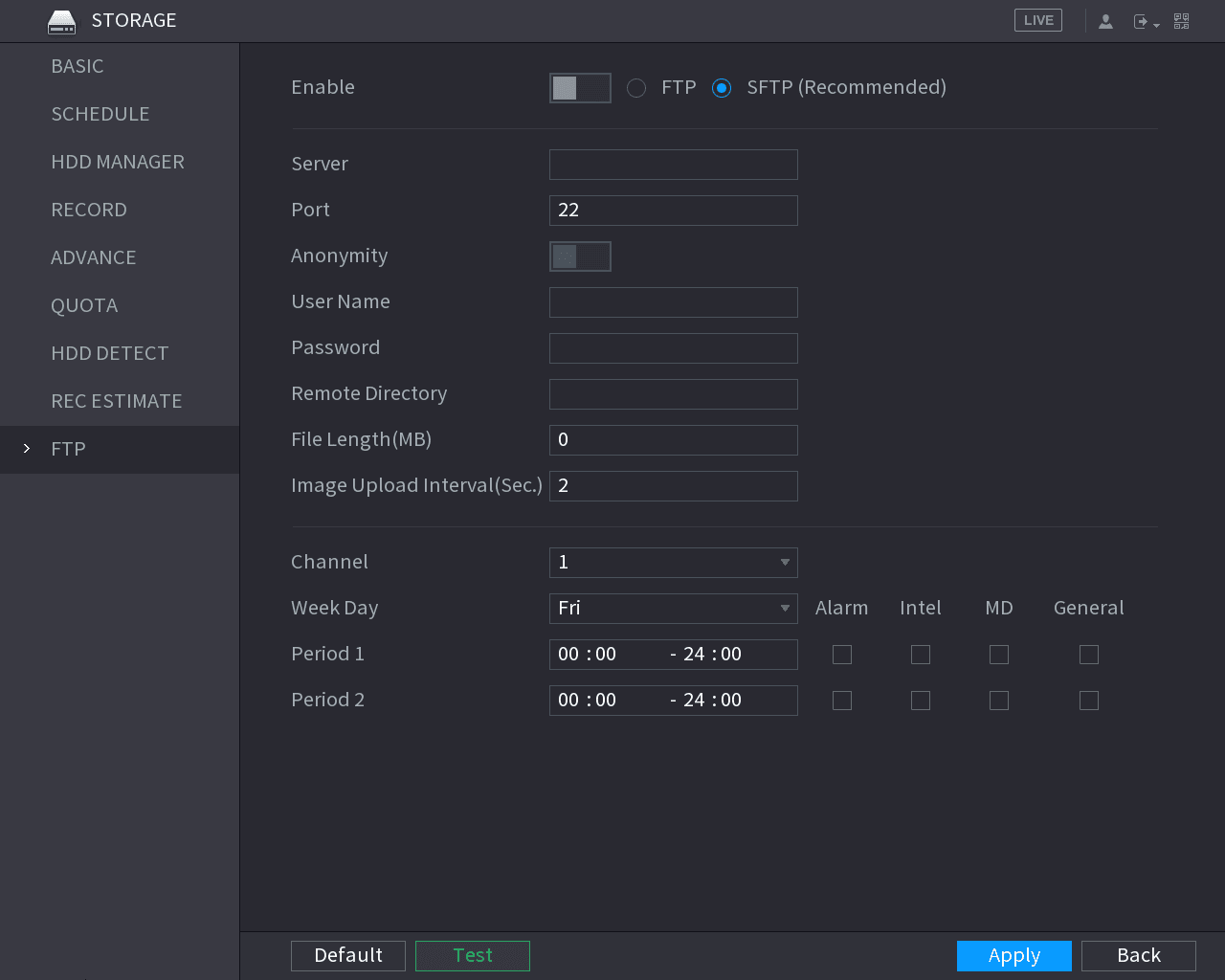 STORAGE FTP interface with server, port, account, upload, and schedule settings