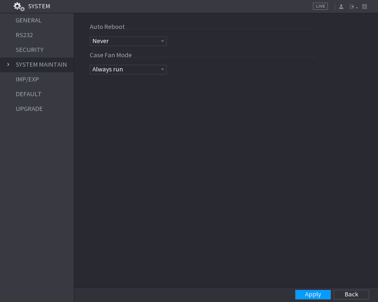 SYSTEM MAINTAIN interface with Auto Reboot and Case Fan Mode settings