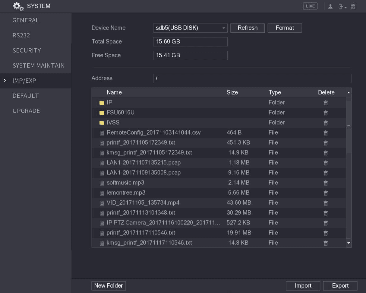 IMP/EXP interface showing the connected USB storage device and its files