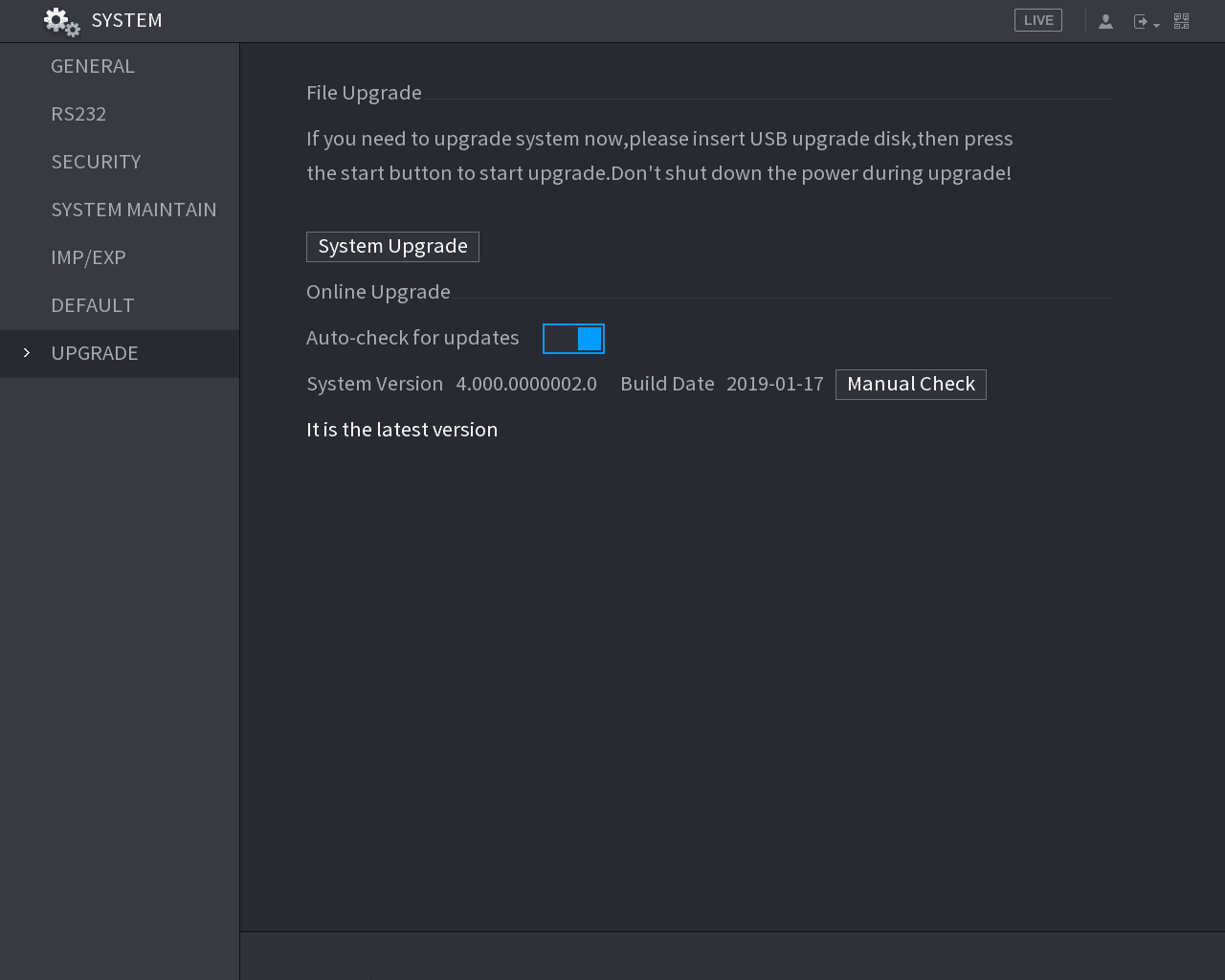 SYSTEM UPGRADE interface with File Upgrade and Online Upgrade sections