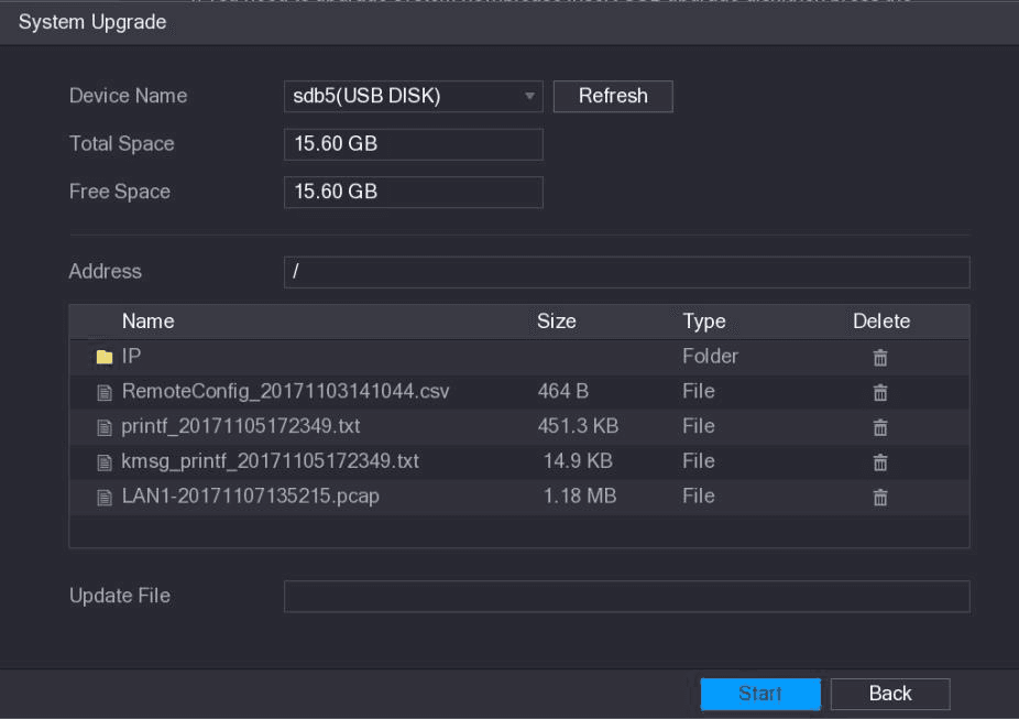 System Upgrade interface showing the USB device, file list, and Update File box
