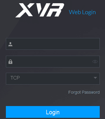 XVR Web Login dialog box with user name, password, and protocol fields