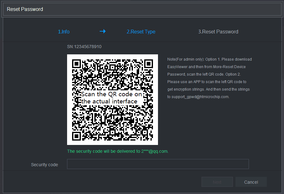 Reset Password interface, Reset Type step, showing the QR code and the Security code field