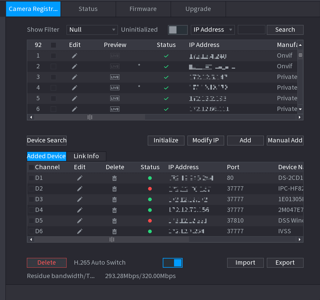 Camera Registration interface with the device search list at top and the Added Device list below, plus the H.265 Auto Switch toggle, Import, and Export buttons