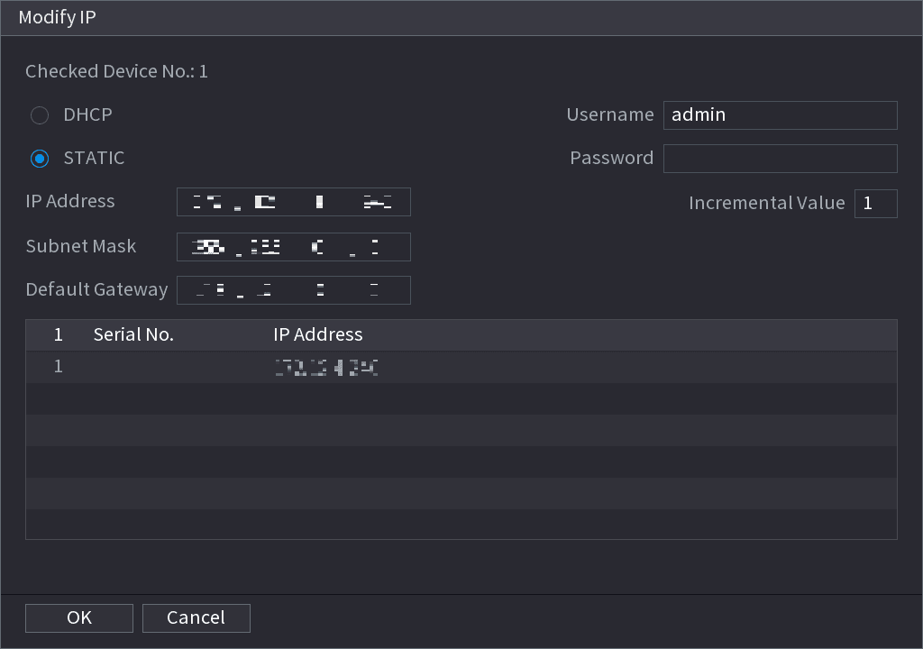 Modify IP dialog with DHCP and STATIC options, IP Address, Subnet Mask, Default Gateway, Username, Password, and Incremental Value fields