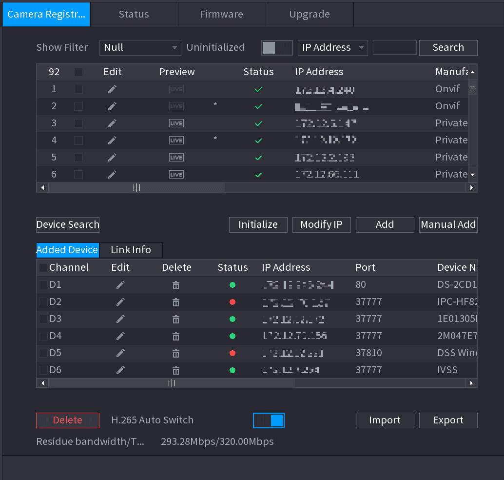 Camera Registration interface highlighting the H.265 Auto Switch toggle switched on at the bottom of the page