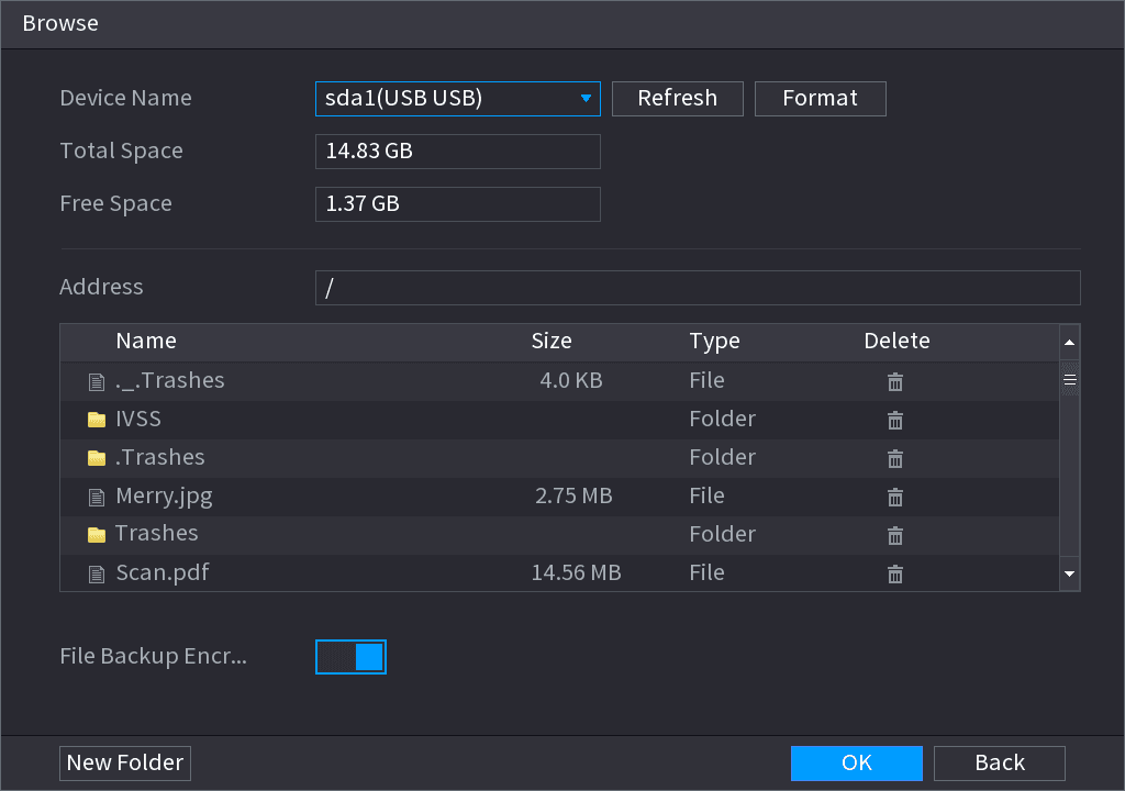 Browse interface for selecting a USB address to save the exported device list, with the File Backup Encryption check box