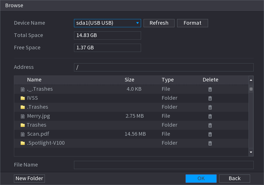 Browse interface for selecting the device list file to import from a USB address