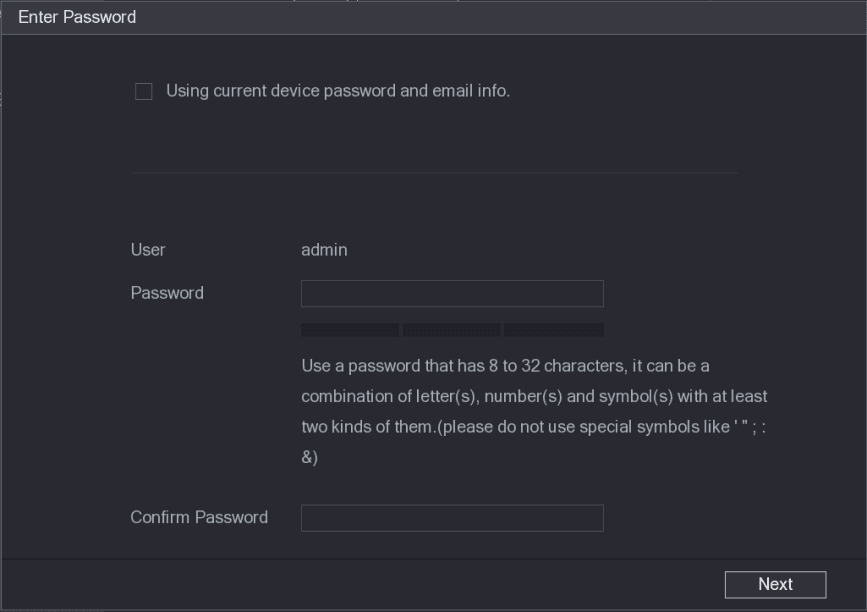 Enter Password interface with the check box cleared, showing User, Password, and Confirm Password fields with the password strength bar