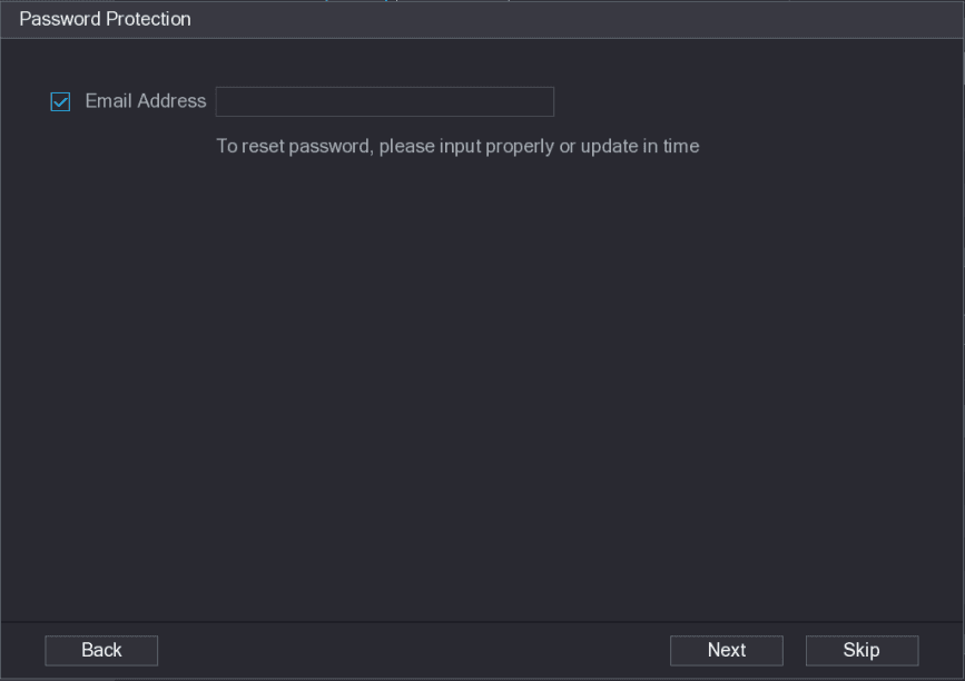 Password Protection interface with an Email Address check box and field, and Back, Next, and Skip buttons