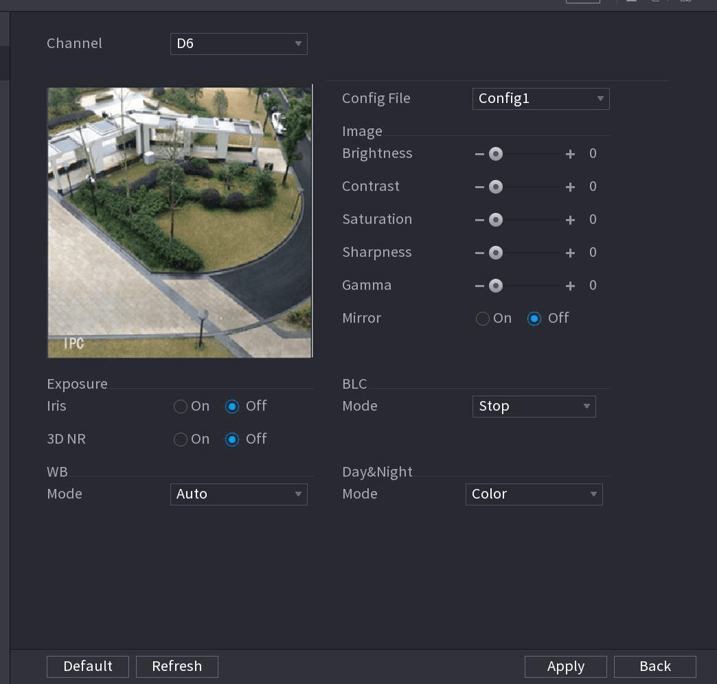 IMAGE interface with a live preview and image controls for Config File, Brightness, Contrast, Saturation, Sharpness, Gamma, Mirror, Exposure, BLC, WB, and Day & Night