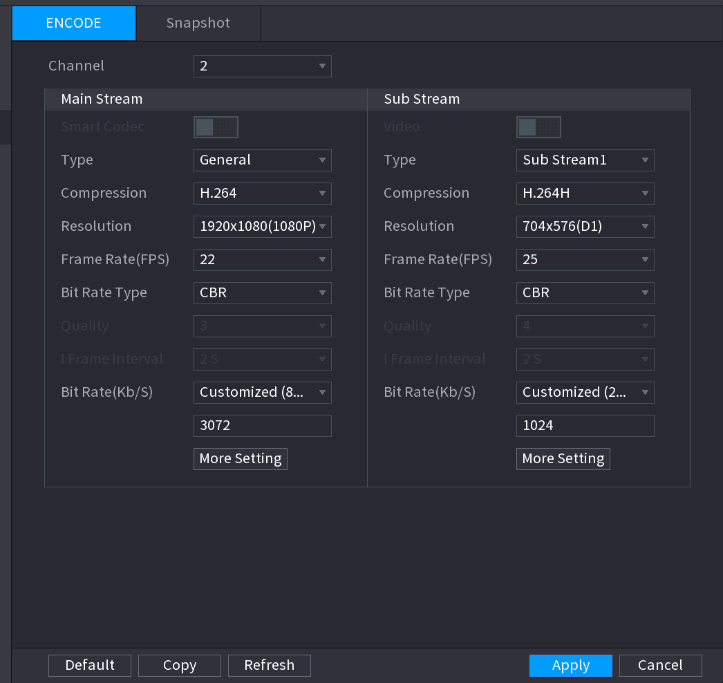 ENCODE interface with separate Main Stream and Sub Stream columns for Smart Codec, Type, Compression, Resolution, Frame Rate, Bit Rate Type, Quality, I Frame Interval, and Bit Rate