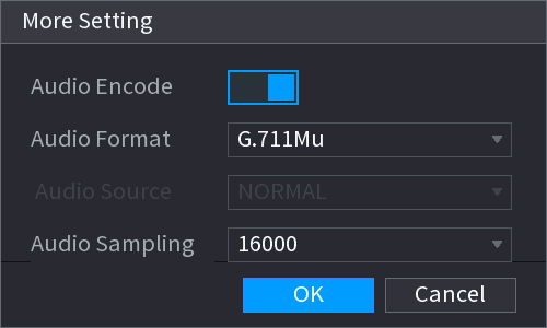 More Setting dialog with an Audio Encode toggle and Audio Format, Audio Source, and Audio Sampling drop-downs