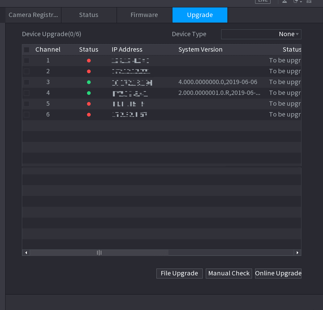 Upgrade interface listing channels with Status, IP Address, System Version, and upgrade status columns, plus File Upgrade, Manual Check, and Online Upgrade buttons