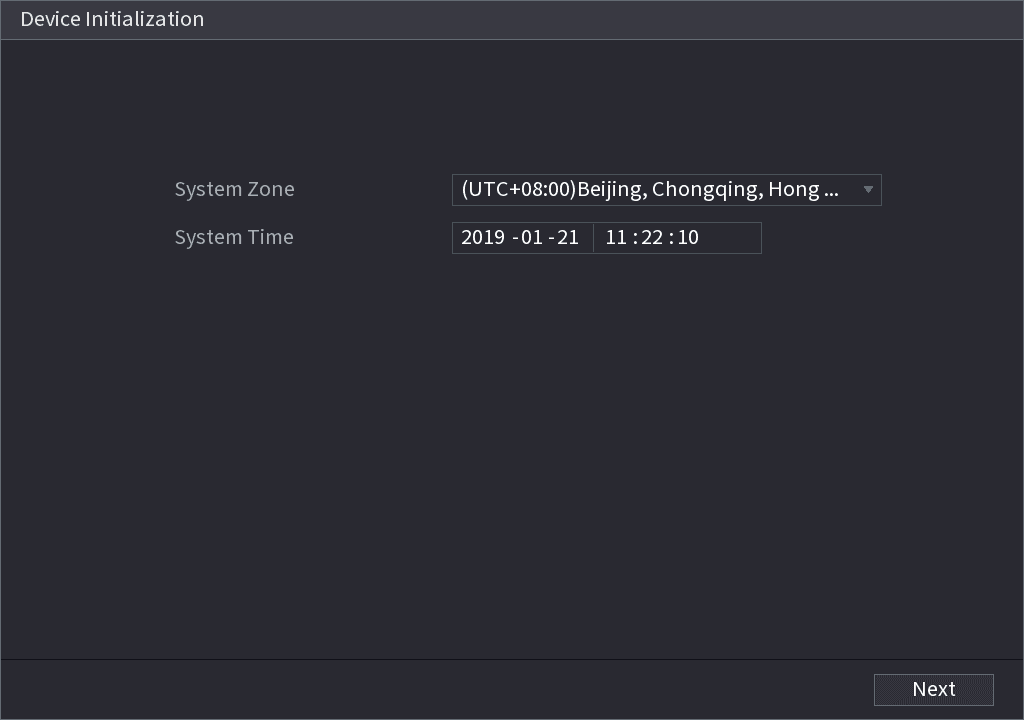 Device Initialization interface showing System Zone and System Time