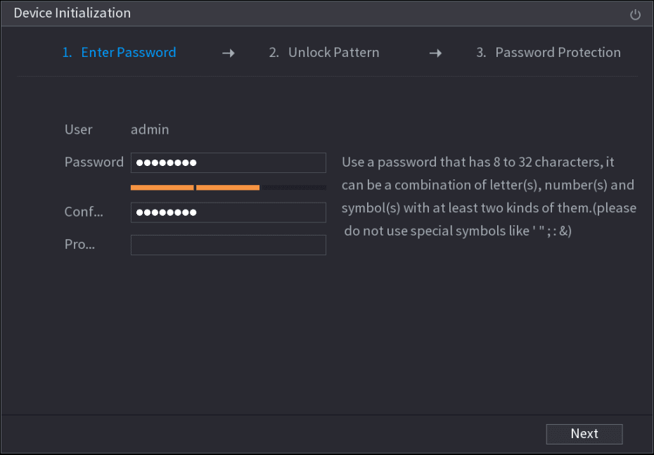 Enter Password step of Device Initialization