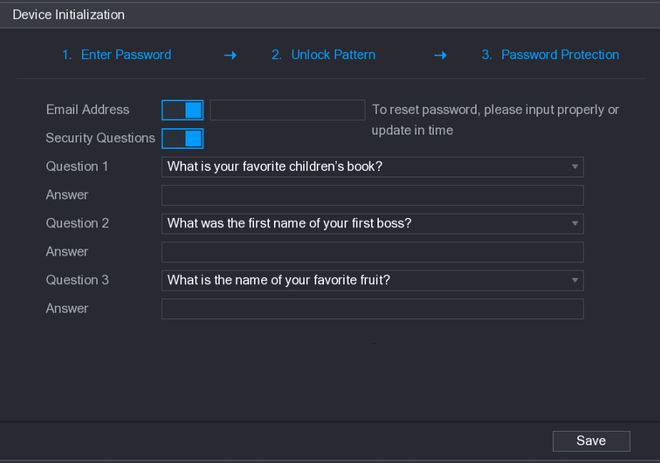 Password Protection step showing Email Address and Security Questions